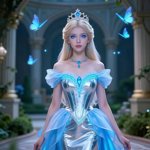 Digital artwork of a blonde princess with blue eyes, wearing a silver and blue glowing gown, tiara, and blue butterfly escorts, in a grand,