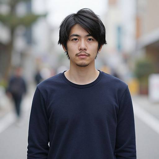 Photograph of an Asian man with short black hair and mustache, wearing a black sweatshirt, standing on a blurred city street.