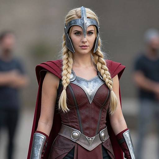 Photograph of a blonde woman with braided hair, wearing a silver helmet, maroon armor with silver accents, and matching cape, standing outdoors with