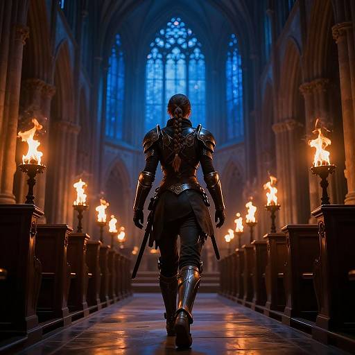 A muscular, armored warrior walks down a dimly lit, Gothic cathedral aisle with glowing torches, blue stained glass, and a mysterious, shadowy