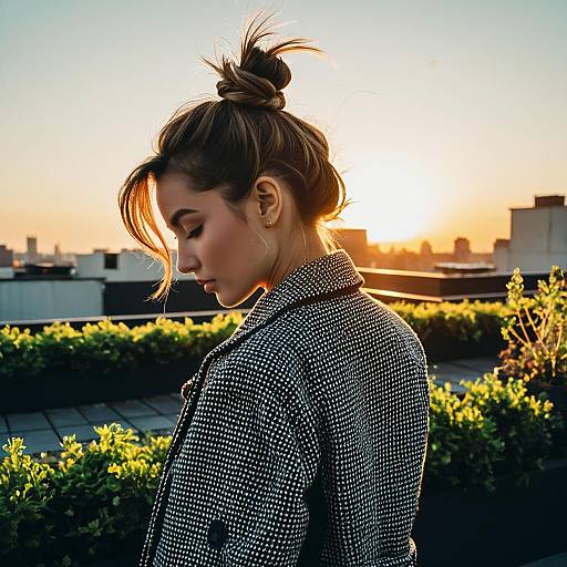Woman with Knotted Bun Hairstyle at Sunset