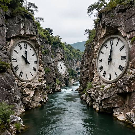 Photograph of a river flanked by two large, circular clock faces embedded in rocky cliffs, surrounded by lush greenery and mountainous terrain.