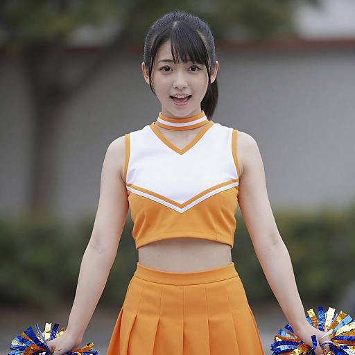 Photograph of an Asian female cheerleader with black hair, wearing an orange and white cheerleading outfit, holding blue and gold pom-poms, smiling
