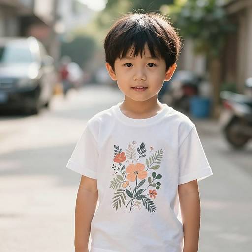 Photograph of an Asian boy with short black hair, wearing a white t-shirt with floral print, standing on a sunny, blurred urban street.