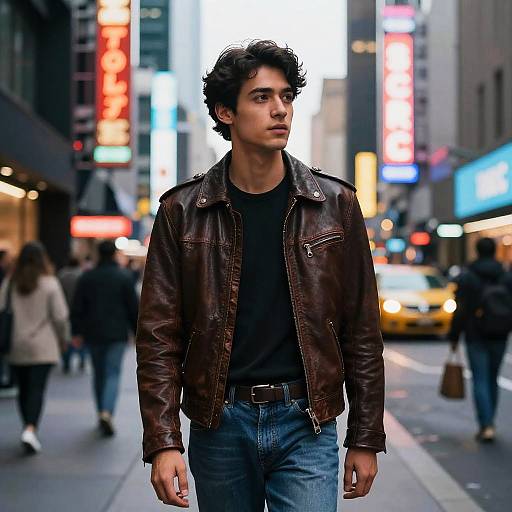 Photograph of a young man with curly black hair, wearing a brown leather jacket and black shirt, walking in a vibrant, neon-lit urban street