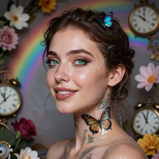 Digital portrait of a smiling woman with green eyes, butterfly tattoos, and a blue butterfly on her head, surrounded by clocks, flowers, and a rainbow