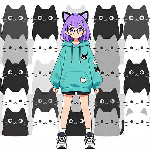 Anime-style drawing of a purple-haired girl with cat ears, glasses, blue hoodie, and black shoes, standing amid black and gray cat faces.