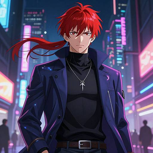Anime-style digital drawing of a red-haired man in a black turtleneck and blue jacket, wearing a cross necklace, standing in a neon-lit