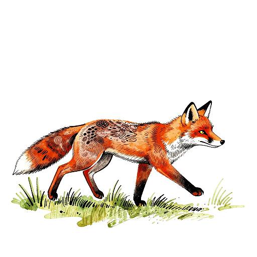 Illustration of a red fox with orange and black fur, white underbelly, and black-tipped ears, walking on green grass against a white