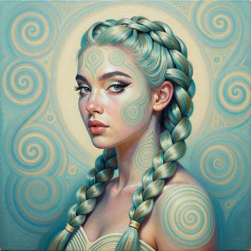 Digital painting of a fair-skinned woman with braided silver hair, swirling patterns on her face and shoulders, against a blue, spiral-patterned background