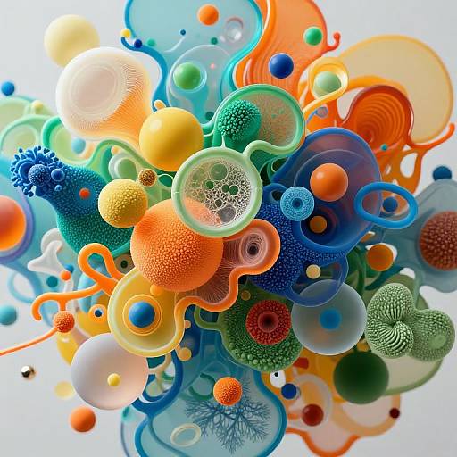 Vibrant abstract digital artwork featuring colorful, swirling, and overlapping circular shapes in orange, blue, green, yellow, and white, with translucent textures