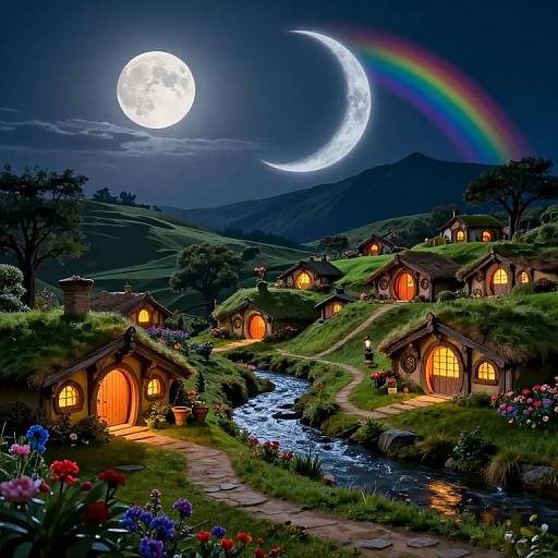 Fantasy village under a full moon and crescent moon with rainbow, glowing hobbit houses, lush green hills, and a flowing stream. Digital art