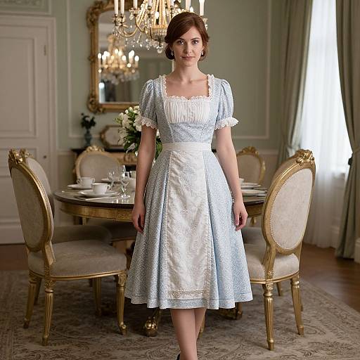 Photograph of a smiling woman in a light blue, vintage-style dress with white lace trim, standing in an elegant, ornate dining room with a