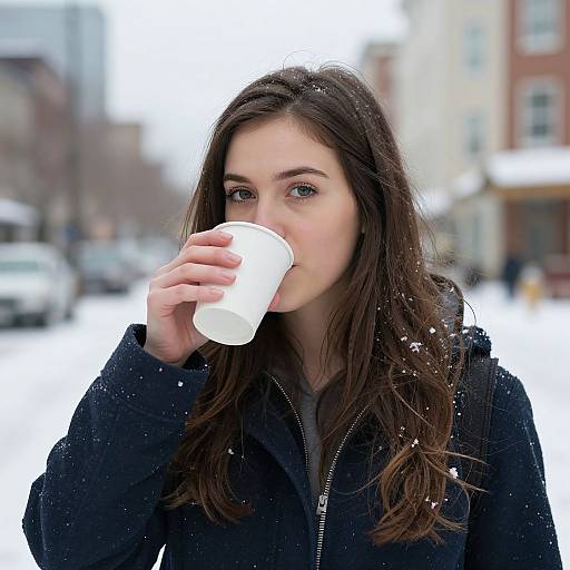 Photograph of a young woman with long brown hair, wearing a black jacket, sipping from a white disposable cup in a snowy urban setting. Bl