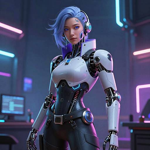 CGI image of a blue-haired, cybernetic woman with glowing blue eyes, wearing a white and black futuristic bodysuit in a neon-l