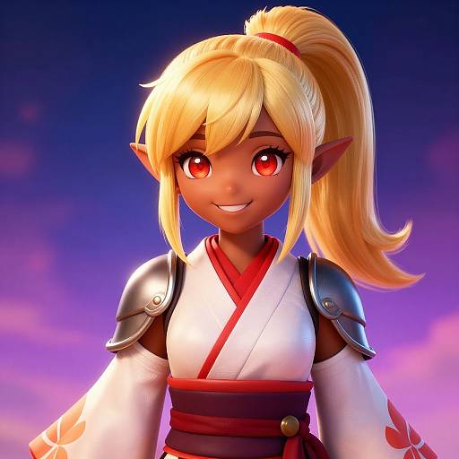 Digital CGI of a cute, blonde, elf-girl with red eyes, wearing a white kimono with red accents and silver armor, against a twilight purple