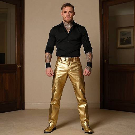 Photograph of a tattooed man with short brown hair, black shirt, and gold metallic pants, standing confidently in a room.