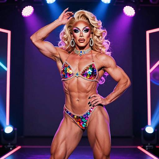 Muscular Drag Queen on Neon Stage