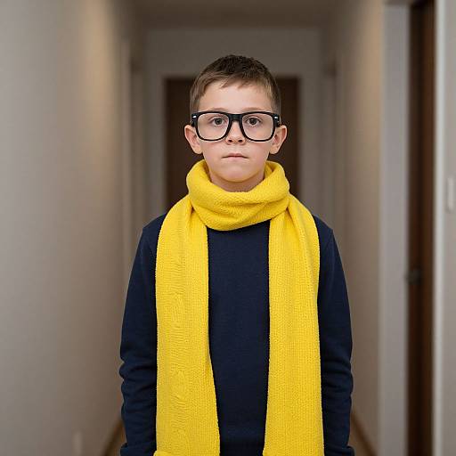 Photograph of a young boy with short brown hair, black-framed glasses, black sweater, and bright yellow knitted scarf standing in a blurred hallway