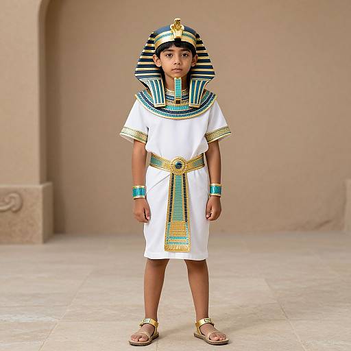 Photograph of a young boy in an Egyptian pharaoh costume, wearing a striped headdress, white tunic, blue and gold accessories, and sandals
