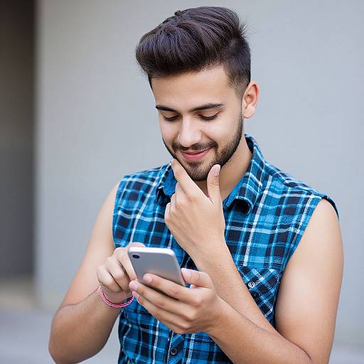 Photograph of a smiling young man with short dark hair, wearing a blue plaid sleeveless shirt, intently looking at a smartphone.