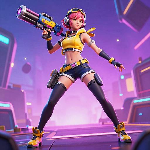 Anime Girl in Fortnite Style Outfit with Futuristic Weapon