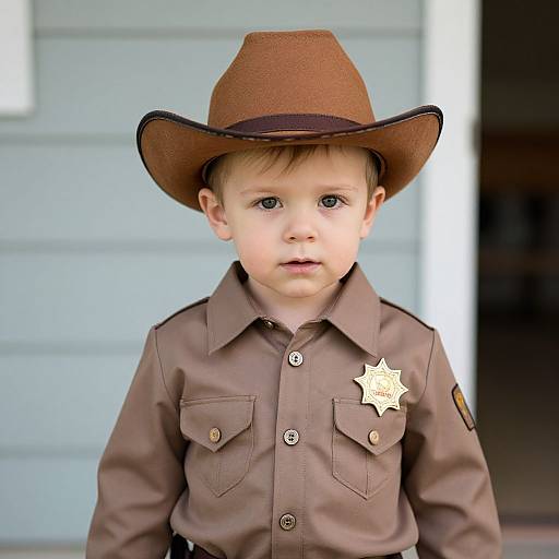 Photograph of a young boy with fair skin, blue eyes, wearing a brown cowboy hat and sheriff's uniform with star badge, standing in front of