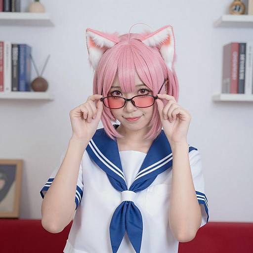 Young Woman with Pink Hair in Sailor Uniform