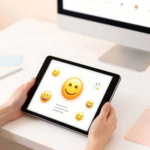 Photograph of hands holding a tablet displaying smiley faces, positioned on a white desk with a blurred computer screen in background.