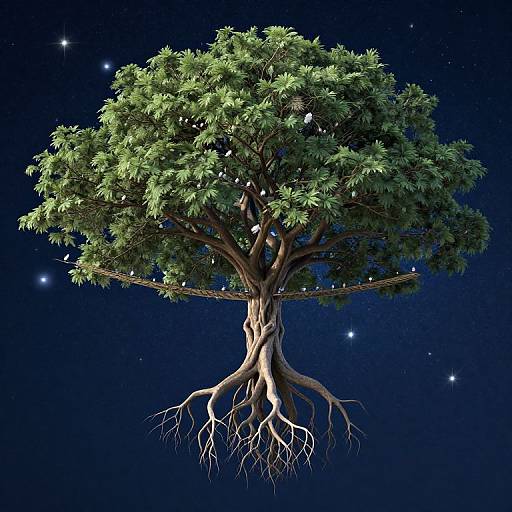 Digital artwork of a floating tree with lush green leaves, exposed roots, and white stars in a dark blue night sky.
