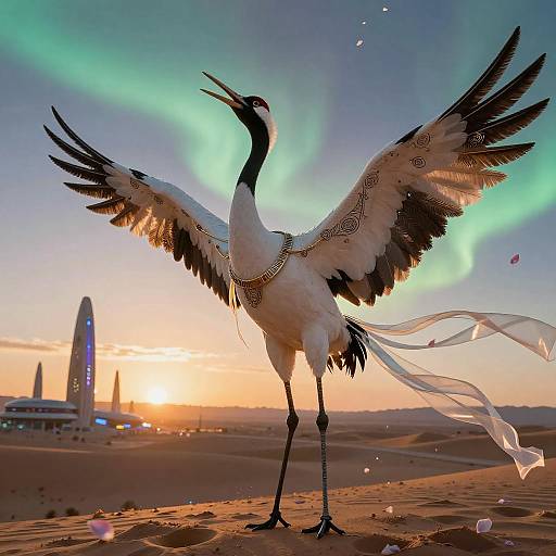 Bioluminescent Crane at Neon Twilight