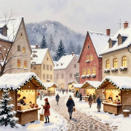 Illustration of a snowy Christmas market in a quaint European village, with warmly lit wooden stalls, snow-covered rooftops, and people shopping.