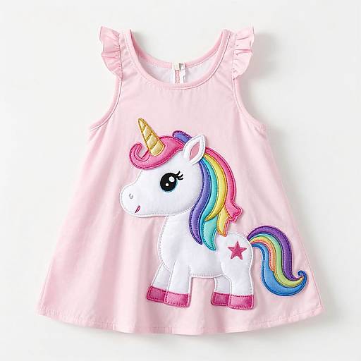 Pink children's dress with white unicorn embroidery, colorful rainbow mane, pink star on hip, and ruffled shoulders, against white background.