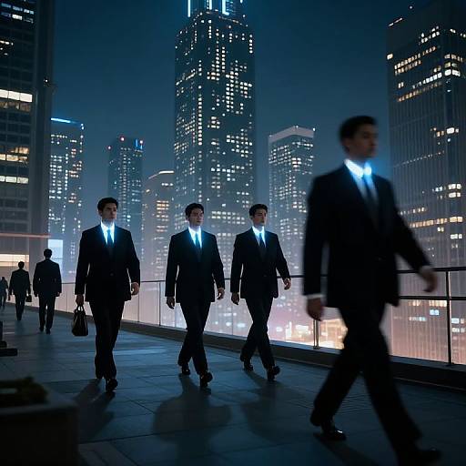 Photograph of four men in dark suits with glowing blue ties walking on a futuristic, illuminated rooftop overlooking a cityscape of tall, lit skyscrapers