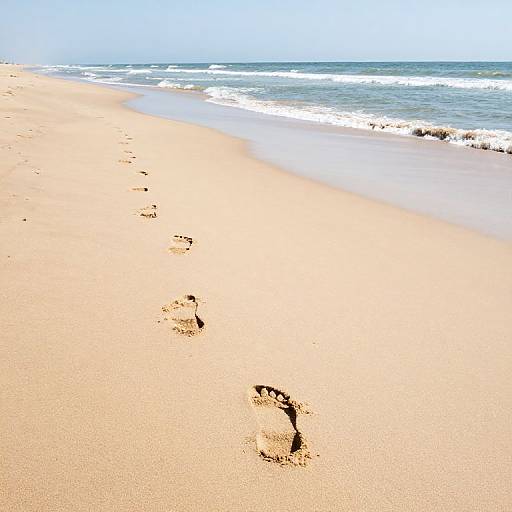 Photograph of a sandy beach with three footprints leading to gentle ocean waves under a clear blue sky.