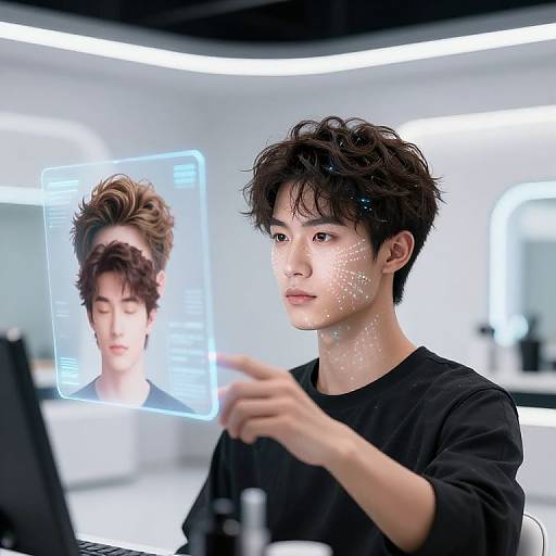 Digital art of an Asian man with tousled black hair, wearing a black shirt, touching a holographic screen displaying his own face with glowing white spots