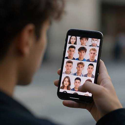 Photograph of a person's hand holding a smartphone displaying a grid of diverse, serious-faced portraits, viewed from behind against a blurred urban background.
