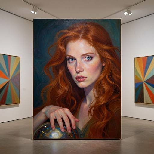 Photograph of a gallery with a large, detailed, realistic painting of a red-haired woman with blue eyes, surrounded by abstract, multicolored paintings