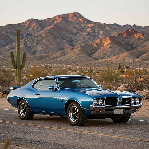 Photograph of a shiny blue 1970s muscle car driving on a desert road with cacti and rocky mountains in the background.