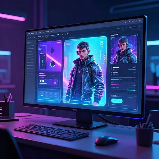 Photorealistic digital artwork of a computer screen displaying two male avatars in neon blue and purple, wearing leather jackets, against a futuristic, dimly