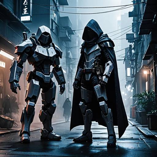 Anime Style Hooded Assassin with Stealth Mech in Urban Alley