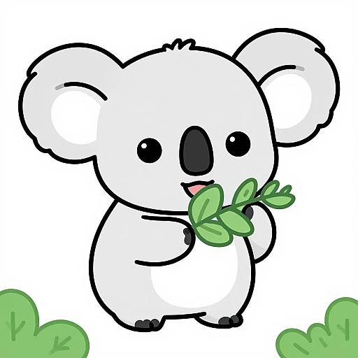 Cute cartoon koala with white fur, black nose and eyes, holding green leaves, standing on green bushes, white background.