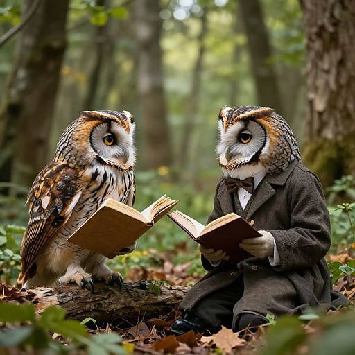 Photograph of two owl-human hybrids in a forest; one owl in brown feathers, the other in a black suit reading books.