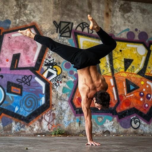 Photograph of a shirtless, muscular man with tan skin performing a handstand against a colorful, graffiti-covered concrete wall. Wearing black pants,