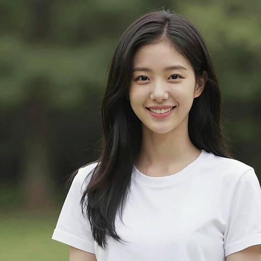 Photograph of a young Asian woman with long black hair, wearing a white shirt, smiling, standing in a green, blurred outdoor background.