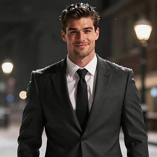 Handsome man in suit on snowy winter night