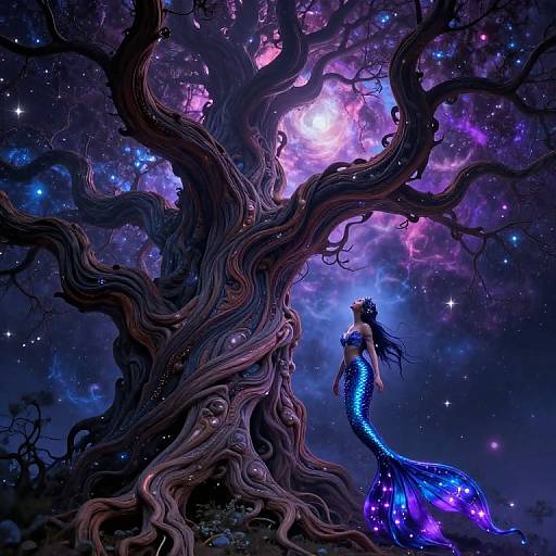 Digital fantasy artwork of a blue, mermaid-like creature with glowing scales, standing beneath a twisted, dark tree in a starry, cosmic night sky