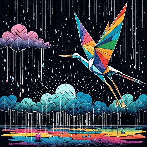 Whimsical Origami Crane with Rainbow Clouds