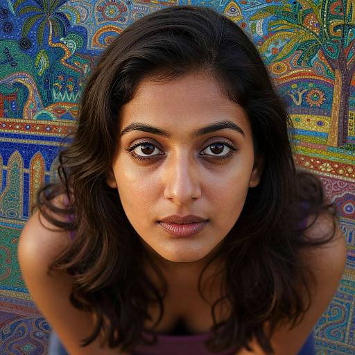 Photograph of a young South Asian woman with dark hair, brown eyes, and medium skin tone, gazing directly at the camera against a colorful,