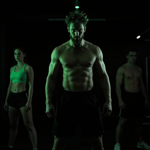 Photograph of three muscular, shirtless individuals in dark gym; central man with spiked hair, green-lit, flanked by woman and man in